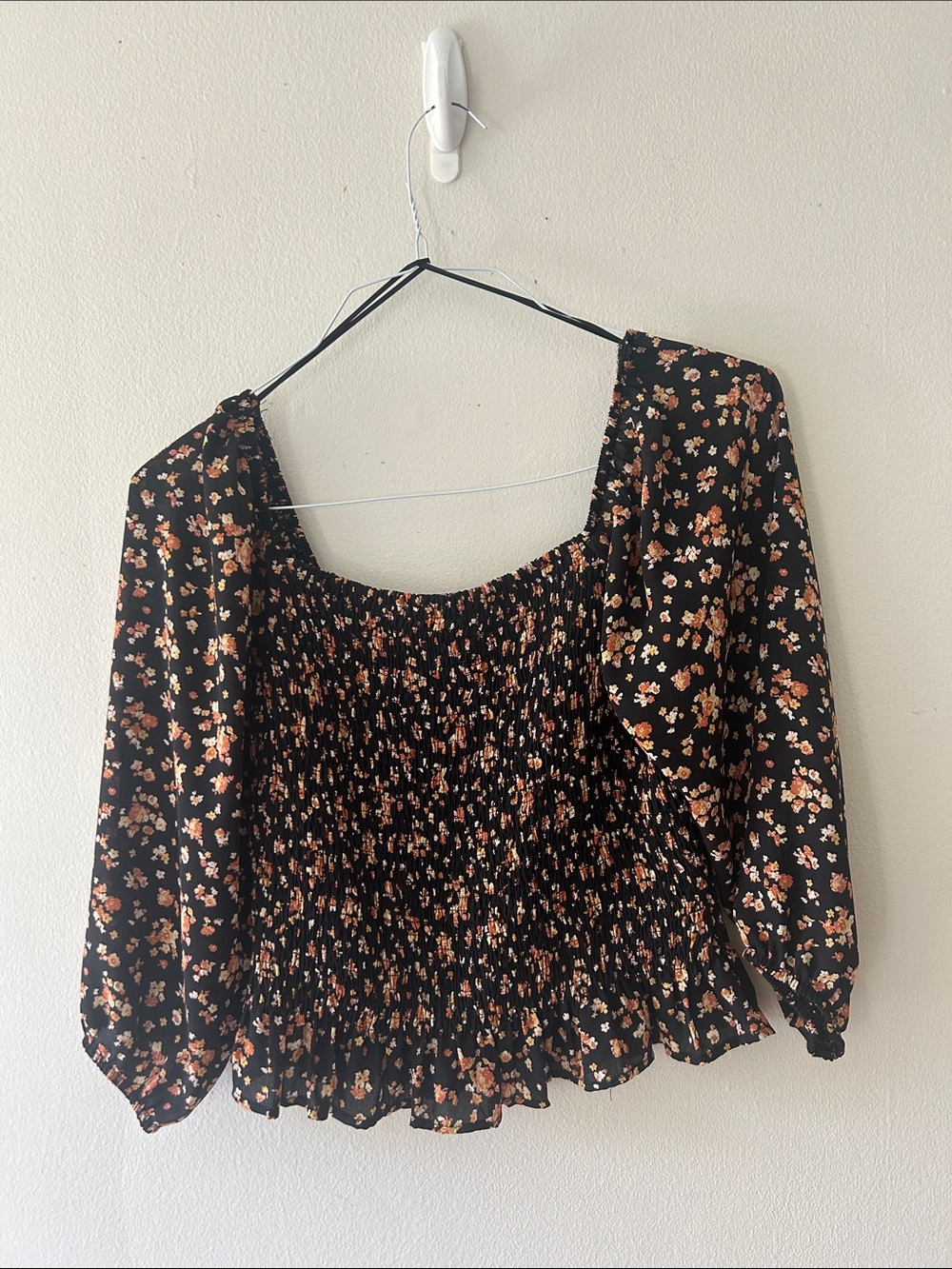 Black Floral Smocked Peasant Top